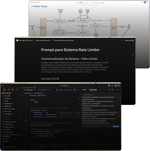 Um desafio de Rate Limiter em três camadas: o diagrama de system design, o documento com o contexto do sistema e o código em Go no editor.